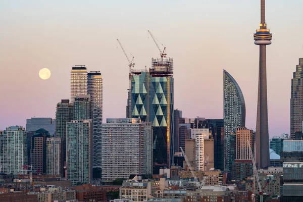 Toronto şehir merkezi sabahın erken saatlerinde dolunayla gökyüzü