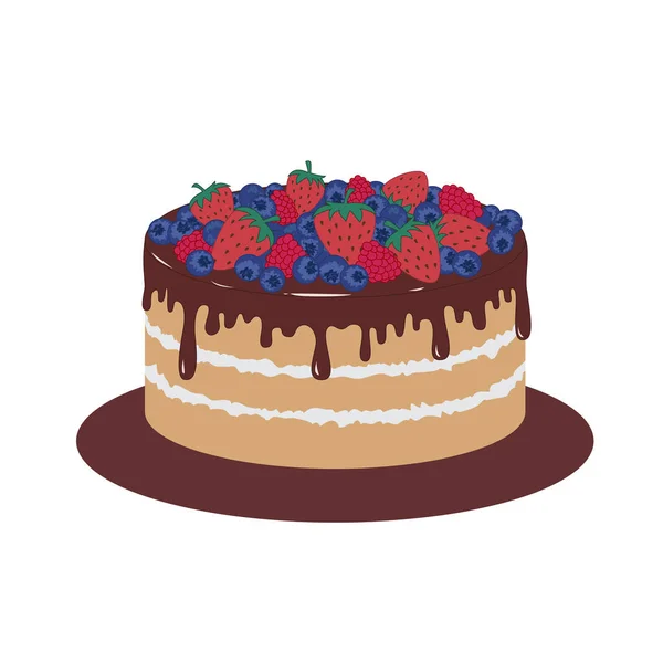 Gâteau éponge avec glaçage au chocolat et baies. Illustration vectorielle — Image vectorielle