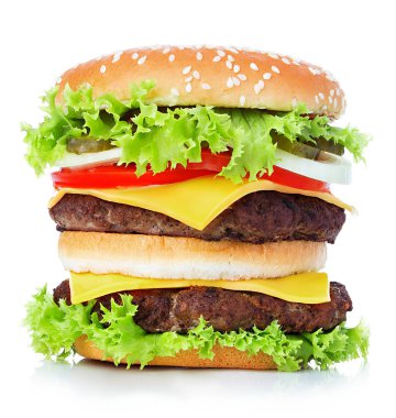 Büyük kraliyet cheeseburger yakın çekim beyaz arka plan izole.
