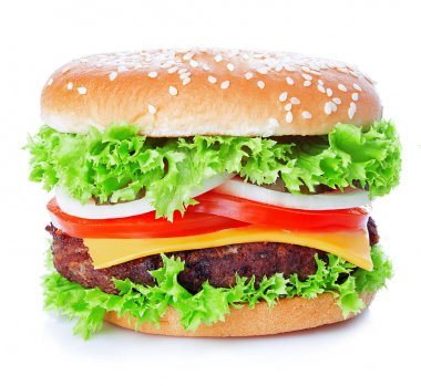Cheeseburger yakın çekim beyaz bir arka plan üzerinde izole.