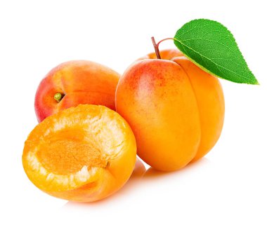 Beyaz arka planda yaprak kaplamalı taze kayısılar..