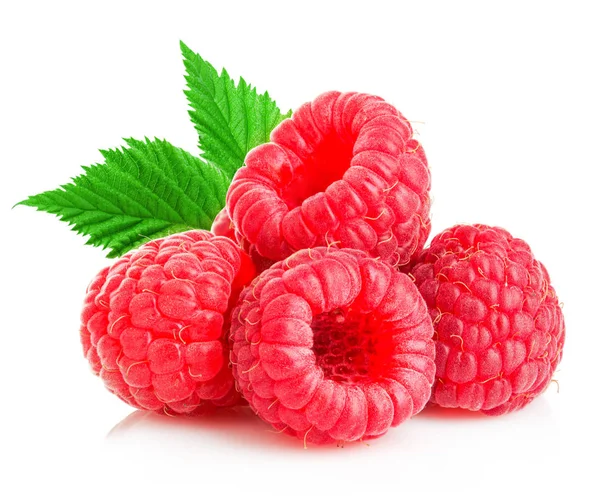 Ripe Raspberries Leaves Close Isolated White Background — Stock Photo, Image