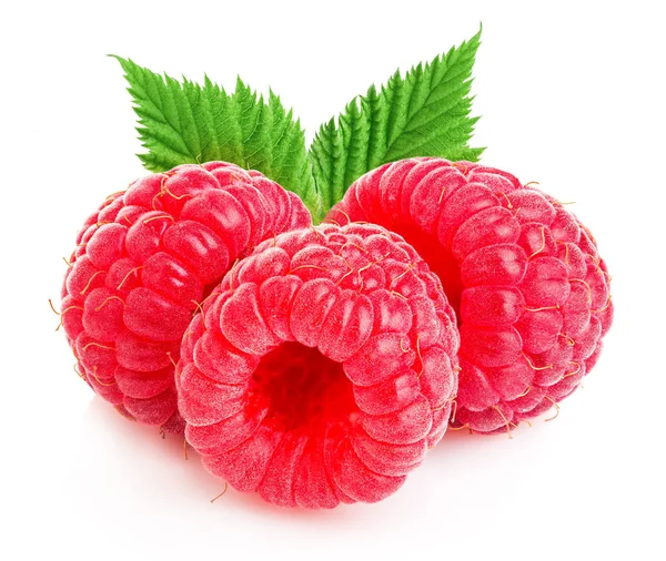 Reife Himbeeren Mit Blättern Nahaufnahme Isoliert Auf Weißem Hintergrund Stockfoto