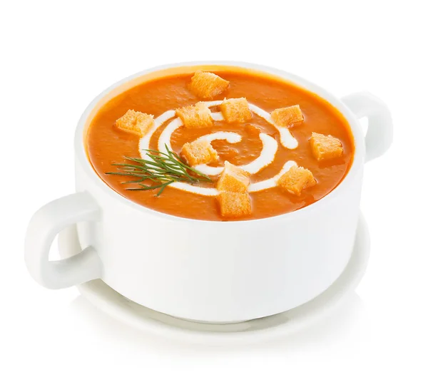 Köstliche Kürbis Karotten Suppe Mit Saurer Sahne Und Croutons Großaufnahme Stockfoto
