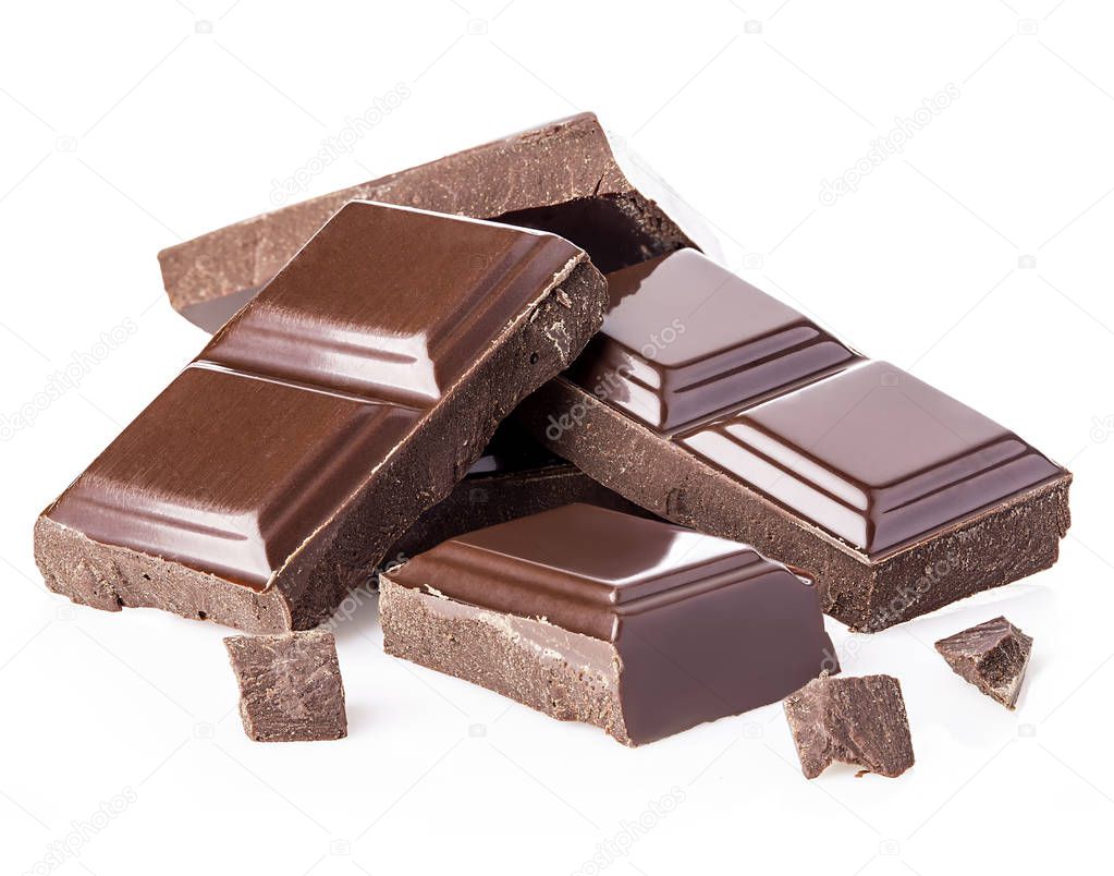 Dark chocolate bars isolated on white background.