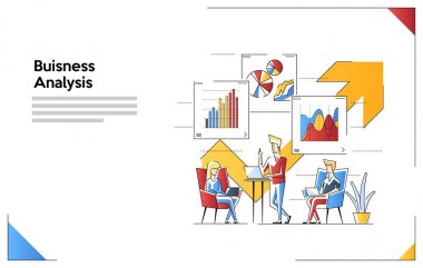 İş ve konuşmacı vektör illüstrasyon. Ofis çalışanları bir dizüstü bilgisayar üzerinde çalışıyor. Evrimsel ölçeğin analizi. İnsanlar takımı birlikte çalışır