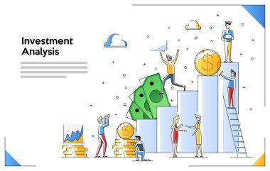 Karakterlerile yatırım analizi kavramı afiş. Web afiş, infographics, kahraman görüntüleri için kullanabilirsiniz. Düz vektör çizimi beyaz arka planda yalıtılmış. Küçük kişilerle İllüstrasyon