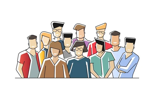 滑稽微笑的上班族或职员站在一起的团体肖像。可爱的开朗的男女员工或同事团队. — 图库矢量图片