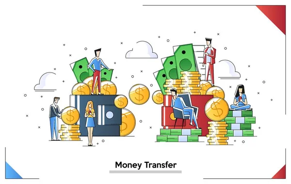 Ilustracja wektorowa transakcji finansowych, przelew pieniężna. Wysyłanie pieniędzy z portfela do portfela. Bankowość, duże portfele z monetami. — Wektor stockowy