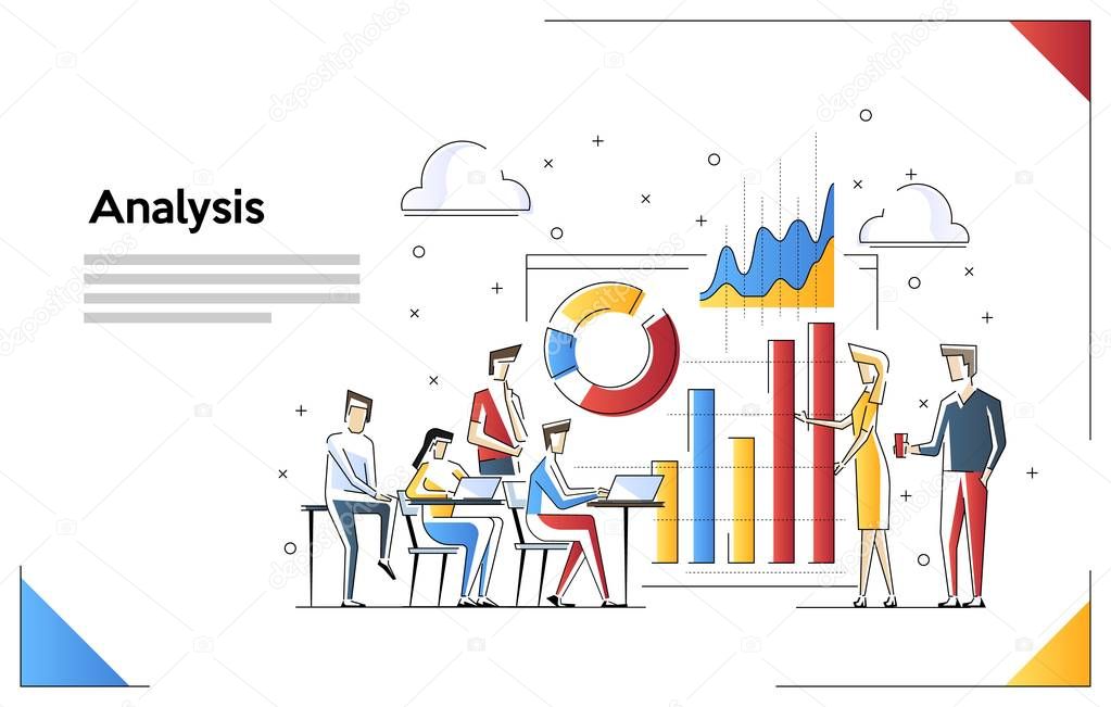 Data analysis design concept. Analysis working. Small people with data analysis graphs ansd charts. Vector illustration.