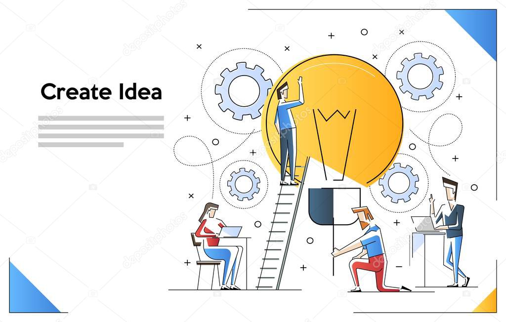 Vector illustration of searching for new ideas solutions, online assistant at work. promotion in the network. working together in the company, brainstorming