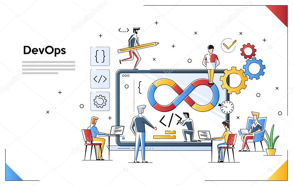 Programmers at work concept. Can use for web banner, infographics, hero images. DevOps. Flat vector illustration isolated on white background. People team work together