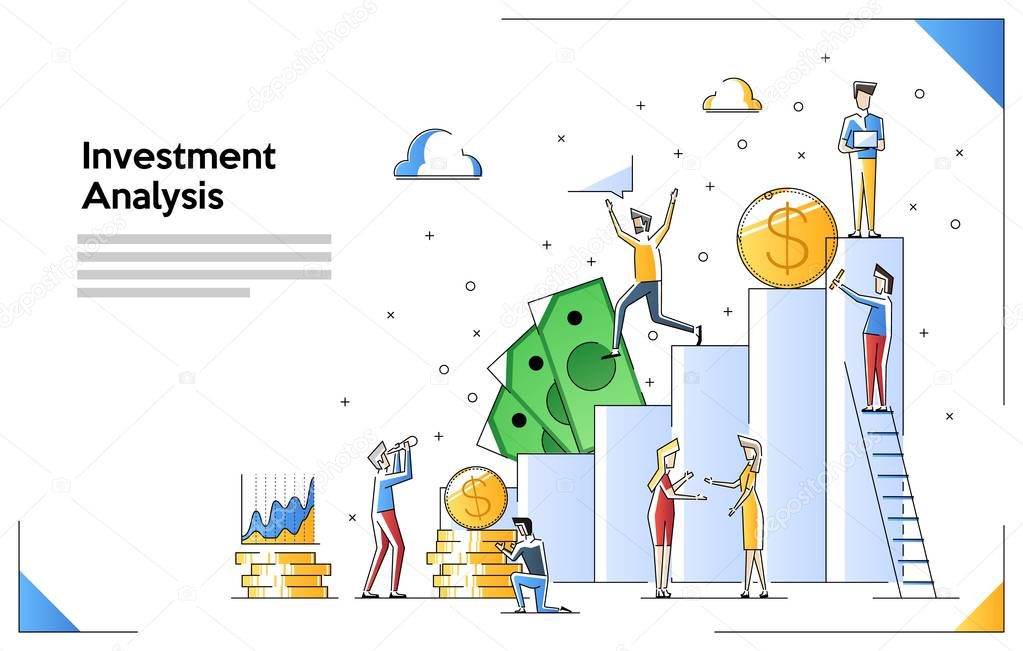 Investment analysis concept banner with characters. Can use for web banner, infographics, hero images. Flat vector illustration isolated on white background. Illustration with small people