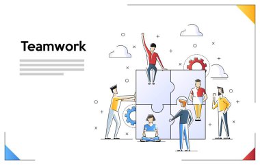 Takım çalışması kavramı afiş. Web afiş, infographics, kahraman görüntüleri için kullanabilirsiniz. Düz çizgi sanat vektör illüstrasyon beyaz arka plan üzerinde izole.