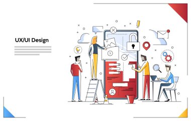 Build uygulamaları ve web siteleri Ux Ui tasarım Modern düz çizgi sanat konsepti. Küçük kişiler karakterleri uygulamalar oluşturur.
