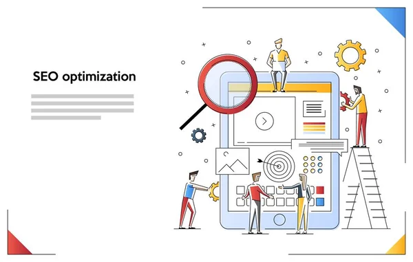 Kavramsal web seo illüstrasyon. Düz çizgi sanat tarzı kavramı. Ekip çalışması projesi, web ajansı veya erkek genç çalışan ve yeni şirket projesi. — Stok Vektör