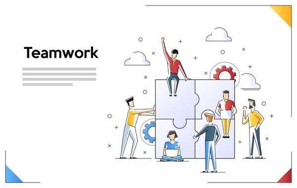 Teamwork concept banner. Kan gebruiken voor webbanner, infographics, Hero-afbeeldingen. Platte lijn kunst vector illustratie geïsoleerd op witte achtergrond. — Stockvector