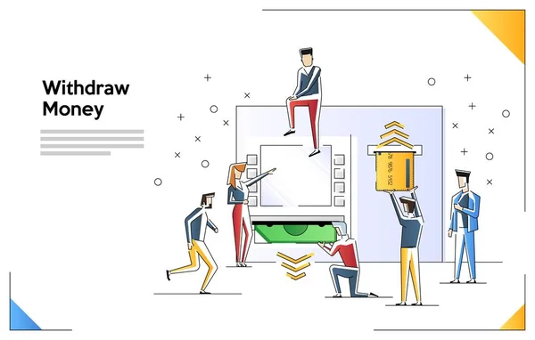 Vektor linje konst illustration virtuell affärs assistent. Små människor tar ut pengar, förvaltning av investeringar i kort. Uttag från ATM — Stock vektor