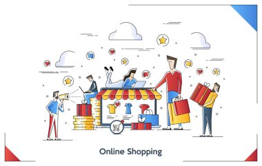 Online Alışveriş Düz çizgi sanat illüstrasyon kavramı. Vektör afiş, simge, illüstrasyon, açılış sayfası. Laptop Alışverişi. Etkileşimedebilen kişiler.