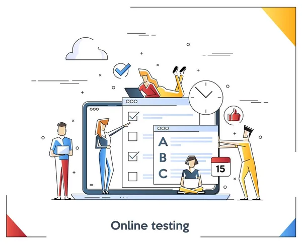 Illustrazione lineare piatta del concetto di test online. E-learning, concetto di arte della linea educativa. Illustrazione vettoriale . — Vettoriale Stock