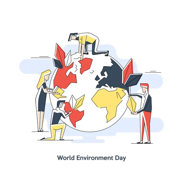 Concept linéaire plat Journée mondiale de l'environnement, Les gens se préparent pour le jour de la Terre, l'heure de la Terre, le concept du jour de la Terre . — Image vectorielle