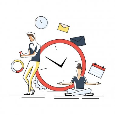 Düz geometrik doğrusal illüstrasyon, beyaz arka plan üzerinde çalar saat halkaları, çalışma süresi yönetimi kavramı, hızlı tepki uyanış