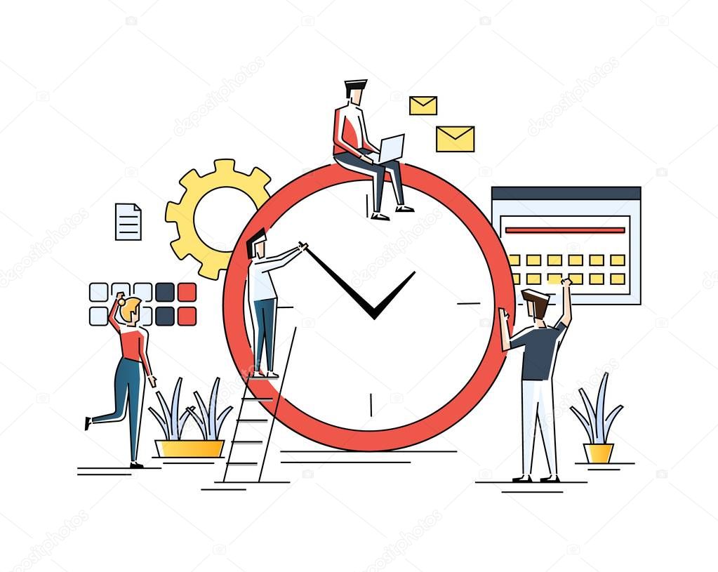 Time management, distribution of priority of tasks, strategic planning, organization of working time, management schedule, control over compliance with deadlines implementation. Vector illustration.