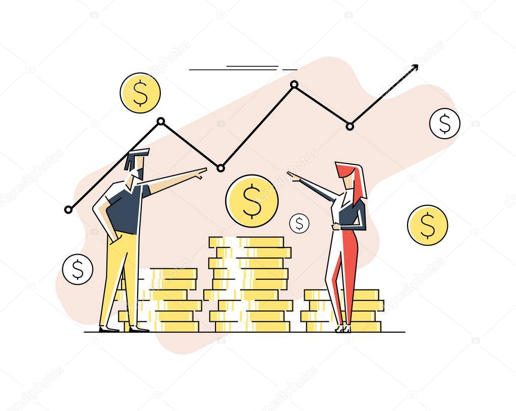 Profit money or budget vector illustration, flat cartoon pile of cash and rising graph arrow up, concept of business success, economic or market growth, investment revenue, capital earnings, benefit