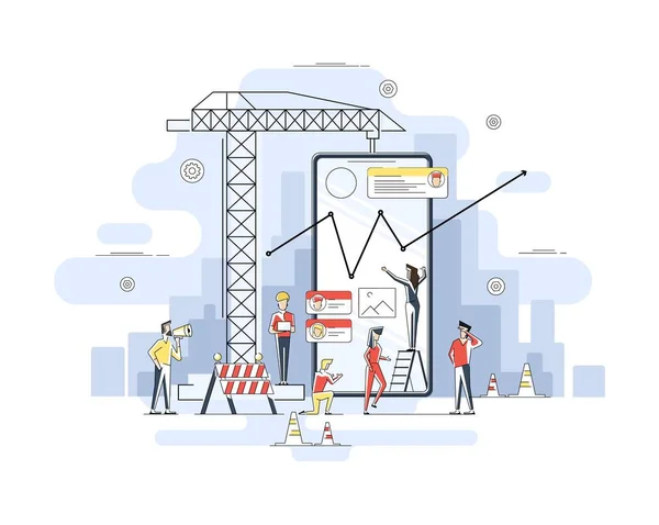 Diseño plano de línea delgada del sitio de construcción de aplicaciones móviles, proceso de construcción de interfaz de usuario de teléfonos inteligentes, codificación api para aplicación de teléfono. Concepto moderno de ilustración vectorial, aislado sobre fondo blanco . — Archivo Imágenes Vectoriales