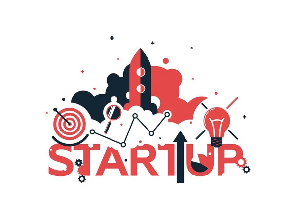 Vector creatieve illustratie van Business Startup Word belettering typografie met lijn iconen, tag wolk op witte achtergrond. Modern flat-Style ontwerp voor Business Startup — Stockvector