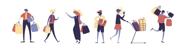 Колекція людей, що перевозять сумки з покупками. Чоловіки і жінки беруть участь у сезонних продажах в магазині, магазині, торговому центрі. Мультиплікаційні персонажі ізольовані на білому тлі. Плоска векторна ілюстрація . — стоковий вектор