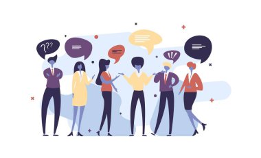 Vektör illüstrasyonu, düz stil, iş adamları sosyal ağ, haber, sosyal ağlar, sohbet, diyalog baloncukları hakkında tartıştılar