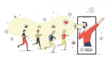 Karakterler ile düz basit tarzda Vektör illüstrasyon - influencer pazarlama konsepti - blogcular cep telefonları ve sosyal medya kullanarak takipçileri online hizmet ve mal teşvik etmek