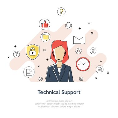 Teknik Destek kavramının düz geometrik çizgi resmi illüstrasyonu. Müşteri hizmetleri, çağrı merkezi, 24h telefon posta operatörü hizmeti ile her zaman müşteri destek merkezi.