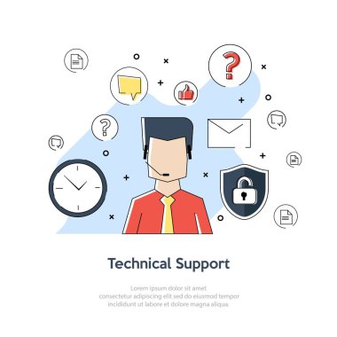 Teknik Destek kavramının düz geometrik çizgi resmi illüstrasyonu. Müşteri hizmetleri, çağrı merkezi, 24h telefon posta operatörü hizmeti ile her zaman müşteri destek merkezi.