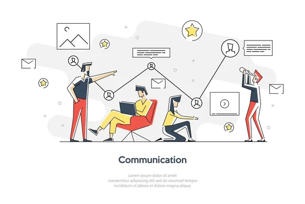 Vector colorido ilustración de la comunicación a través de Internet, redes sociales, chat, video, noticias, mensajes, sitio web, amigos de búsqueda, gráficos web móviles — Archivo Imágenes Vectoriales