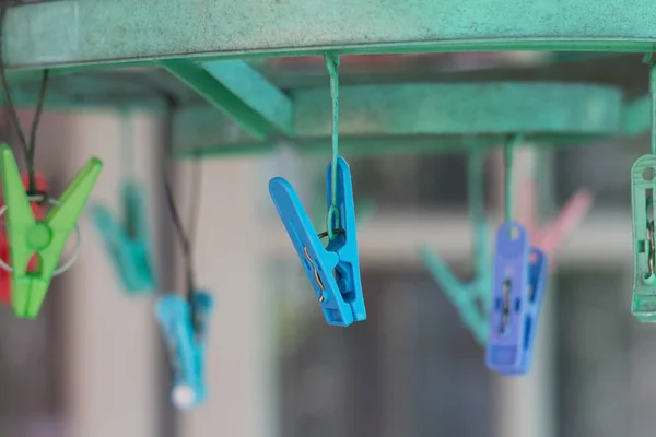 Clothes pegs or clothespins hang on a cord. Plastic clothes pegs