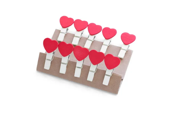 Wooden Clothes Pin Cloth Pegs Heart Shape Design White Background — Stock Photo, Image