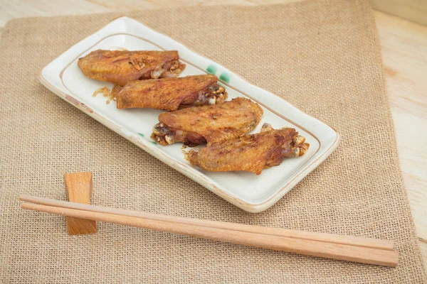 Fried Chicken Wings Crispy Garlic Plate — Stock Photo, Image