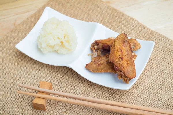 Fried Chicken Wings Crispy Garlic Sticky Rice Selective Focus — Stock Photo, Image