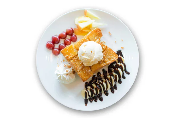 Honey Toast Vanilla Ice Cream Whipped Cream Chocolate Syrup Isolated — Stock Photo, Image