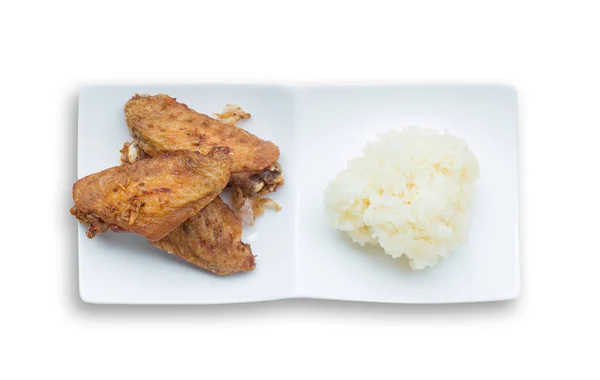 Fried Chicken Wings Crispy Garlic Sticky Rice Isolated White Background — Stock Photo, Image
