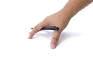 Kopyalama alanına el yazısı. Erkek el tutan siyah kalem izole