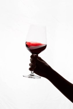 Bir kadeh kırmızı şarap tutan el.