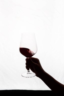 Bir kadeh kırmızı şarap tutan el.