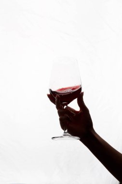 Bir kadeh kırmızı şarap tutan el.