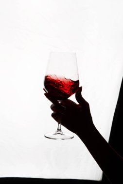 Bir kadeh kırmızı şarap tutan el.