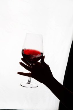 Bir kadeh kırmızı şarap tutan el.