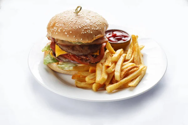 burger and french fries on white background