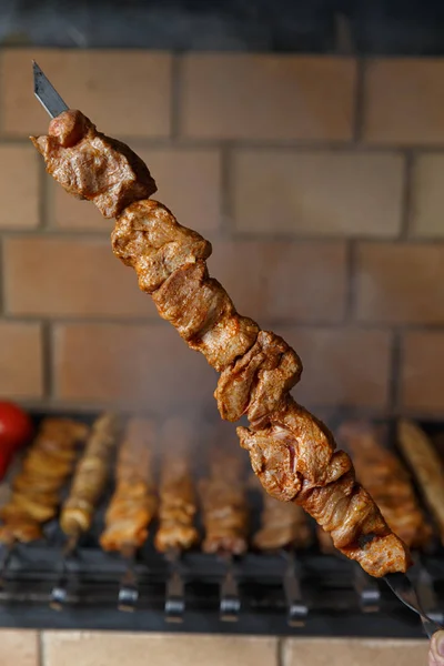 Verschiedene Grillspieße auf dem Hintergrund des Grills — Stockfoto